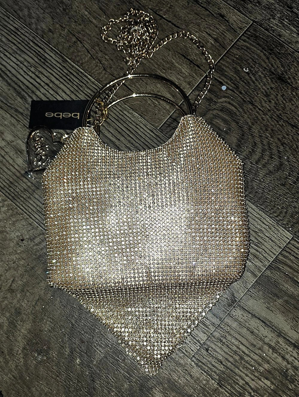 bebe Rhinestone Mesh Shoulder Bag in Gold New With Tags